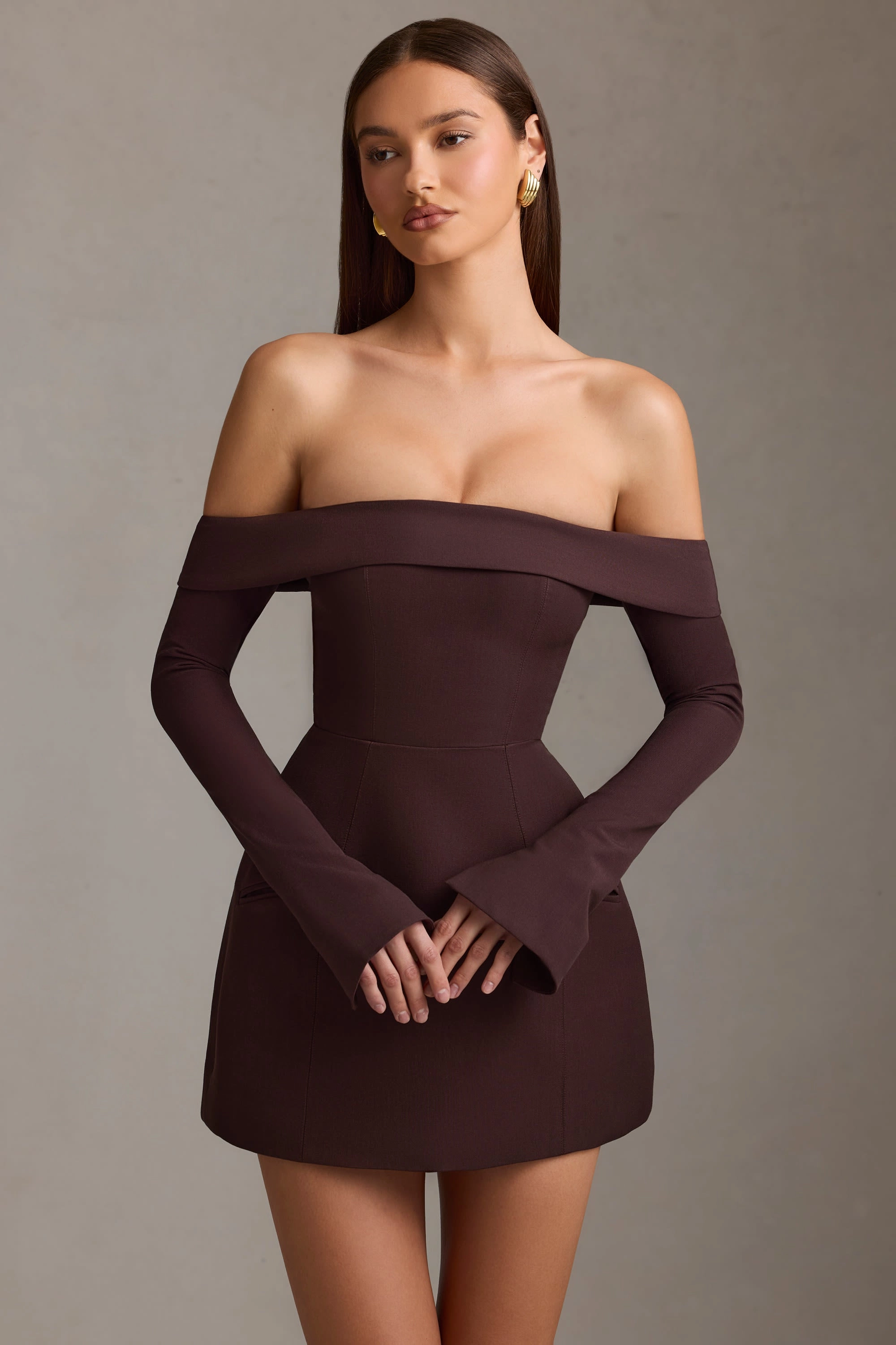 Off-Shoulder Structured A-Line Mini Dress in Chocolate Brown