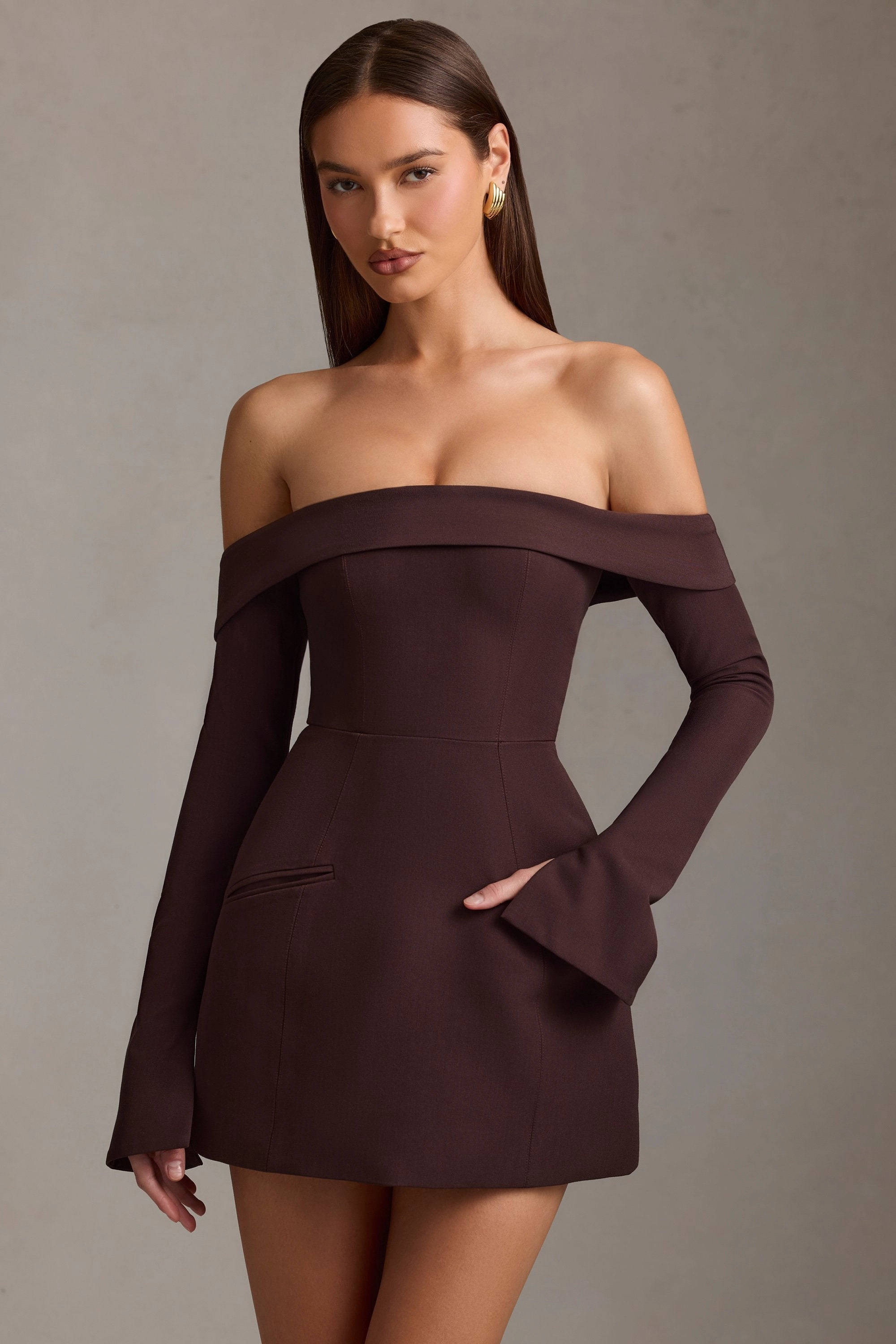 Off-Shoulder Structured A-Line Mini Dress in Chocolate Brown Dresses - sundresses outlet