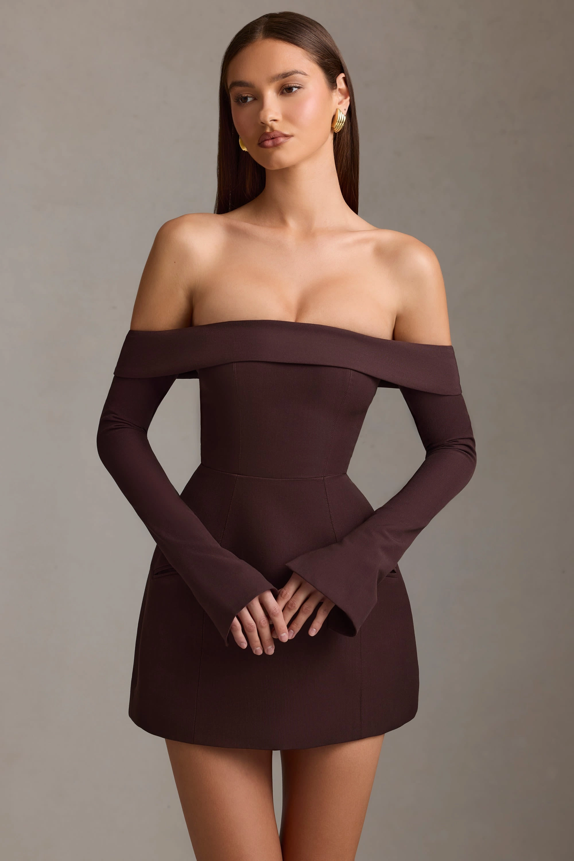 Off-Shoulder Structured A-Line Mini Dress in Chocolate Brown