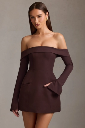 Off-Shoulder Structured A-Line Mini Dress in Chocolate Brown Dresses - sundresses outlet