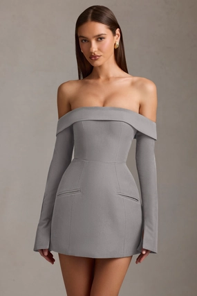 Off-Shoulder Structured A-Line Mini Dress in Grey Dresses - sundresses outlet