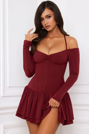 Off-Shoulder Tiered Corset Mini Dress in Berry Red Dresses - wrap dresses discount