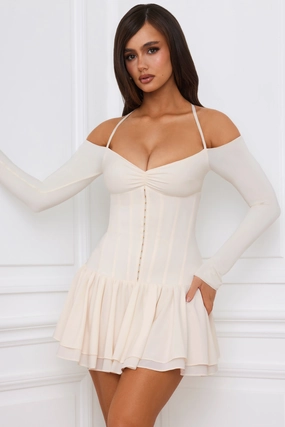 Off-Shoulder Tiered Corset Mini Dress in Ivory Dresses - midi dresses clearance