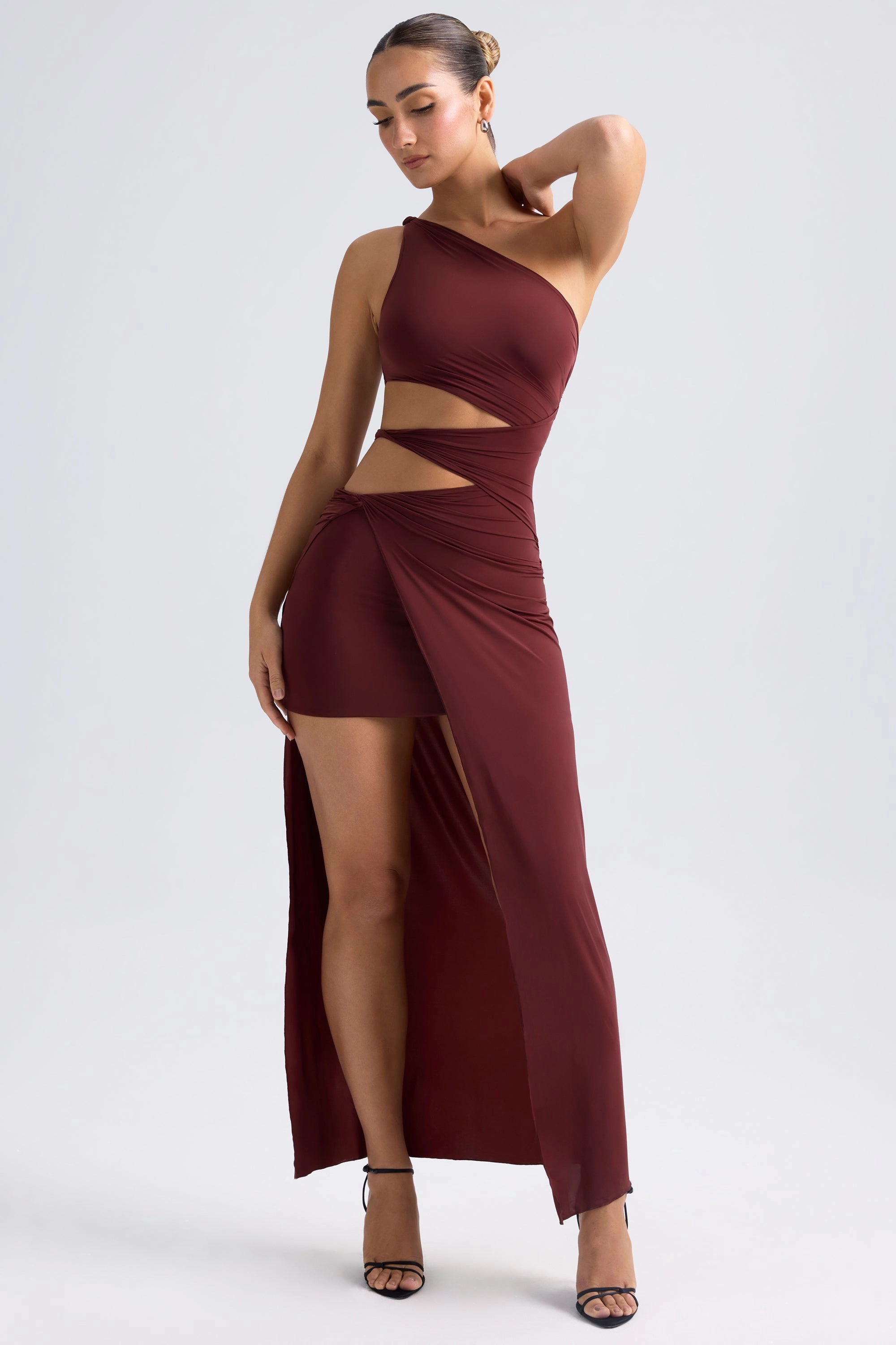 One-Shoulder Draped Cut-Out Maxi Dress in Chestnut Brown Dresses - sundresses outlet