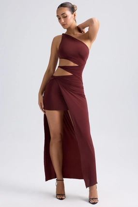 One-Shoulder Draped Cut-Out Maxi Dress in Chestnut Brown Dresses - sundresses outlet