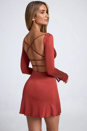 Open-Back A-line Mini Dress in Auburn Brown Dresses - wrap dresses discount