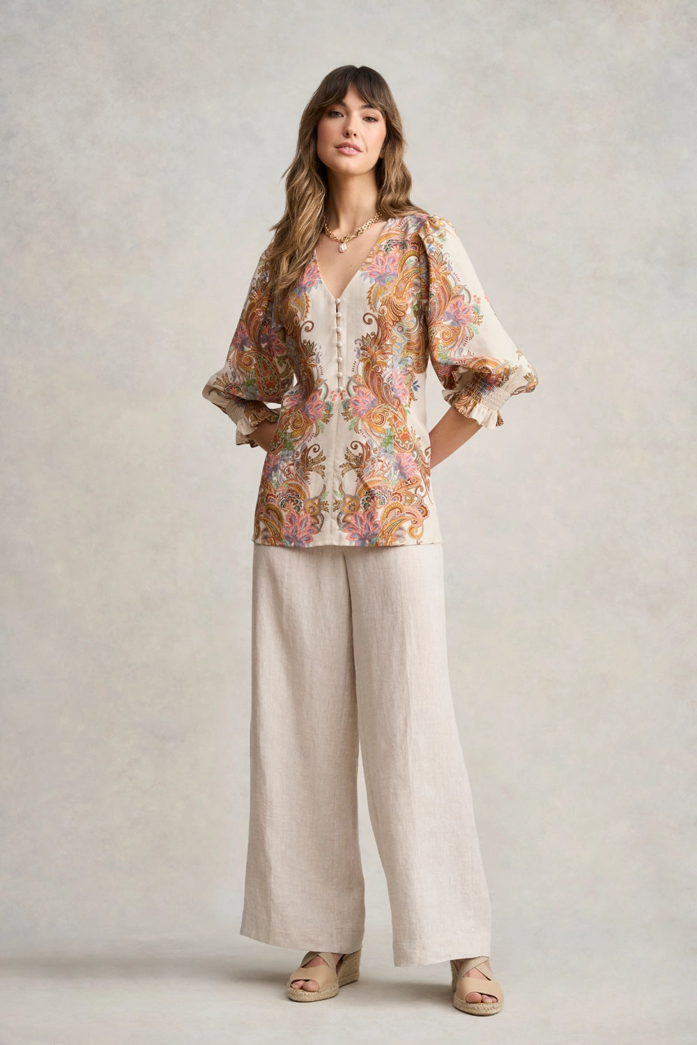 Paisley Border Print Blouse - Cream Paisley Border