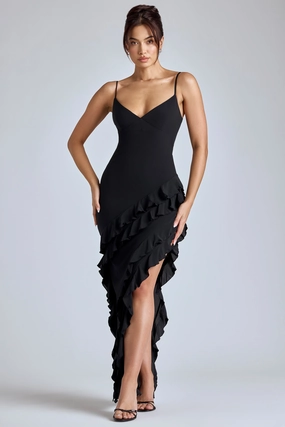 Panelled Ruffle Evening Gown in Black Dresses - sundresses outlet