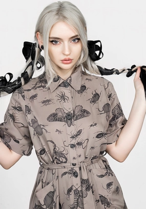 Parasite Bugs Print Midi Short Sleeve Shirt Dress - Taupe Dresses Womens - beach dresses cheap