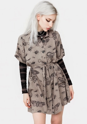 Parasite Bugs Print Mini Short Sleeve Shirt Dress - Taupe Dresses Womens - wedding guest outfits