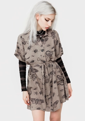 Parasite Bugs Print Mini Short Sleeve Shirt Dress - Taupe Dresses Womens - beach dresses cheap