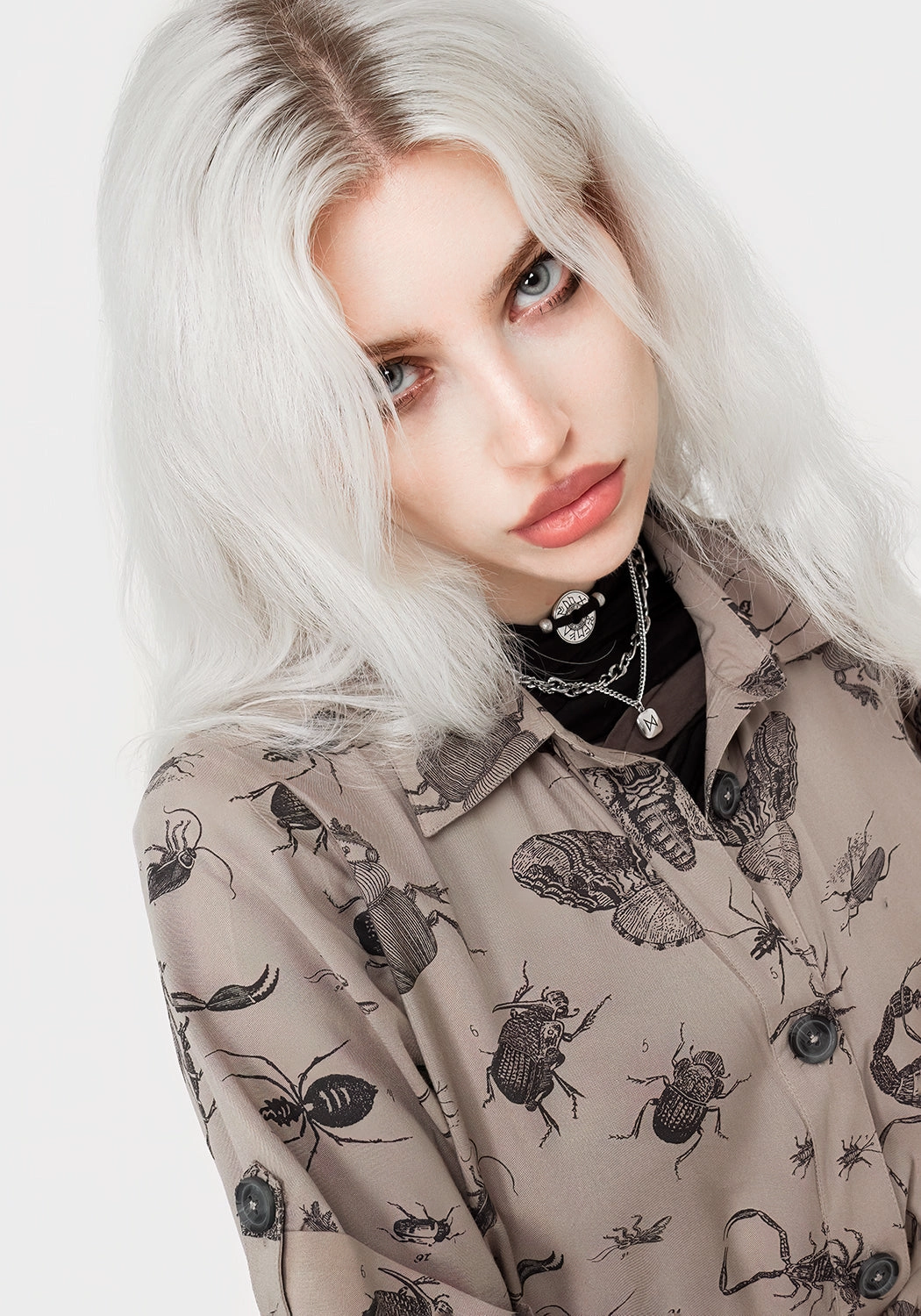 Parasite Bugs Print Mini Short Sleeve Shirt Dress - Taupe