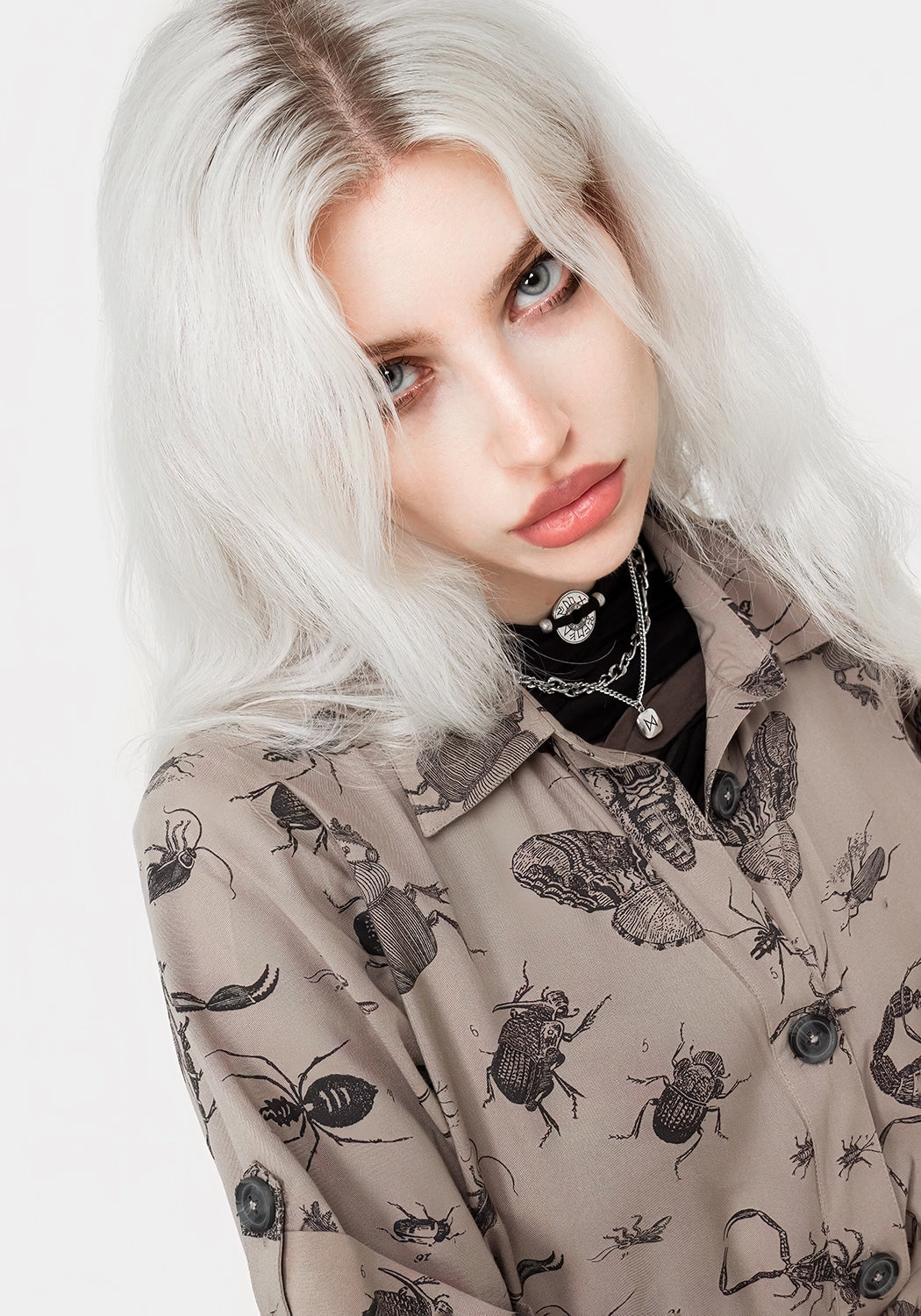 Parasite Bugs Print Mini Short Sleeve Shirt Dress - Taupe