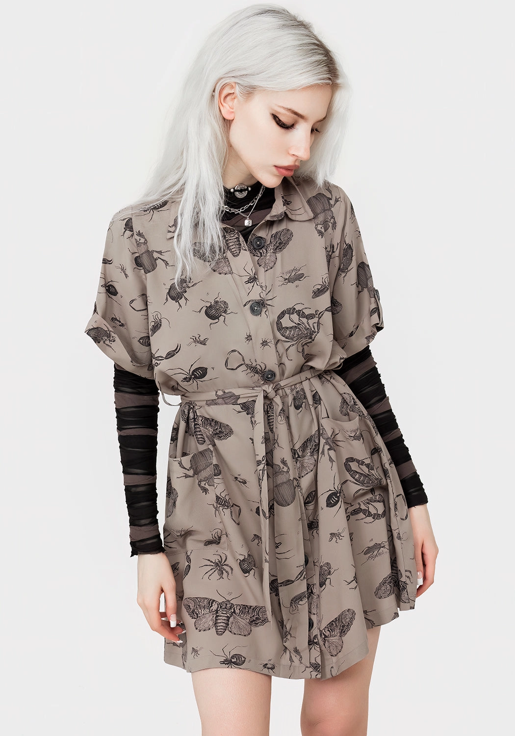 Parasite Bugs Print Mini Short Sleeve Shirt Dress - Taupe Dresses Womens - summer dresses discount