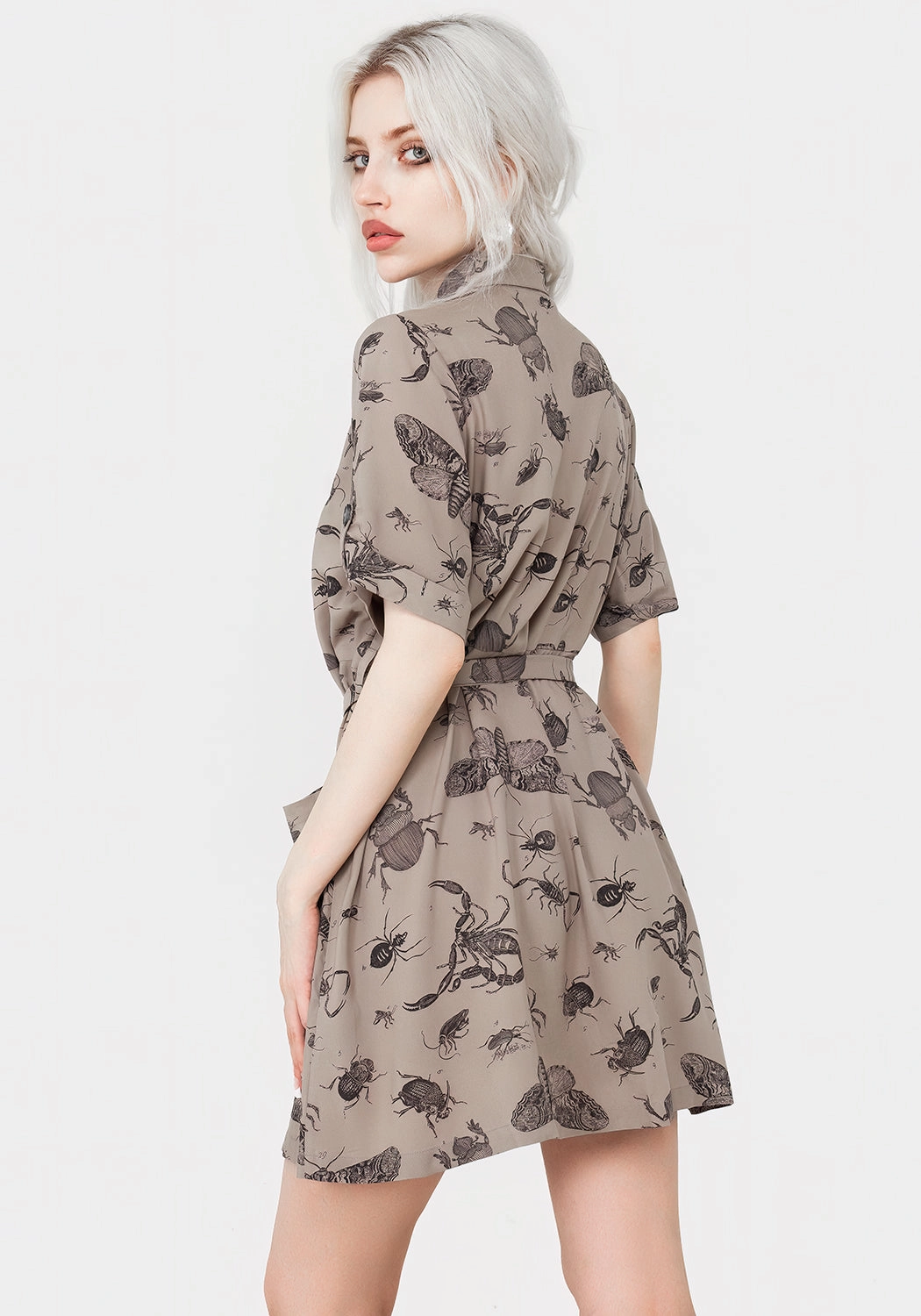 Parasite Bugs Print Mini Short Sleeve Shirt Dress - Taupe