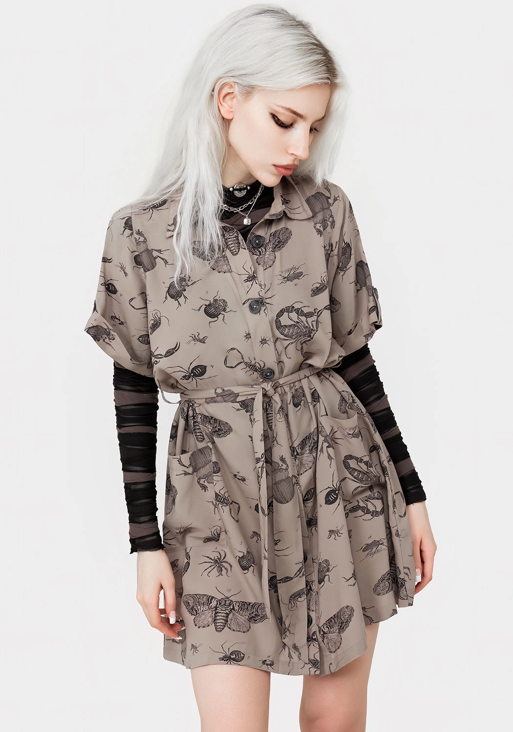 Parasite Bugs Print Mini Short Sleeve Shirt Dress - Taupe Dresses Womens - beach dresses cheap