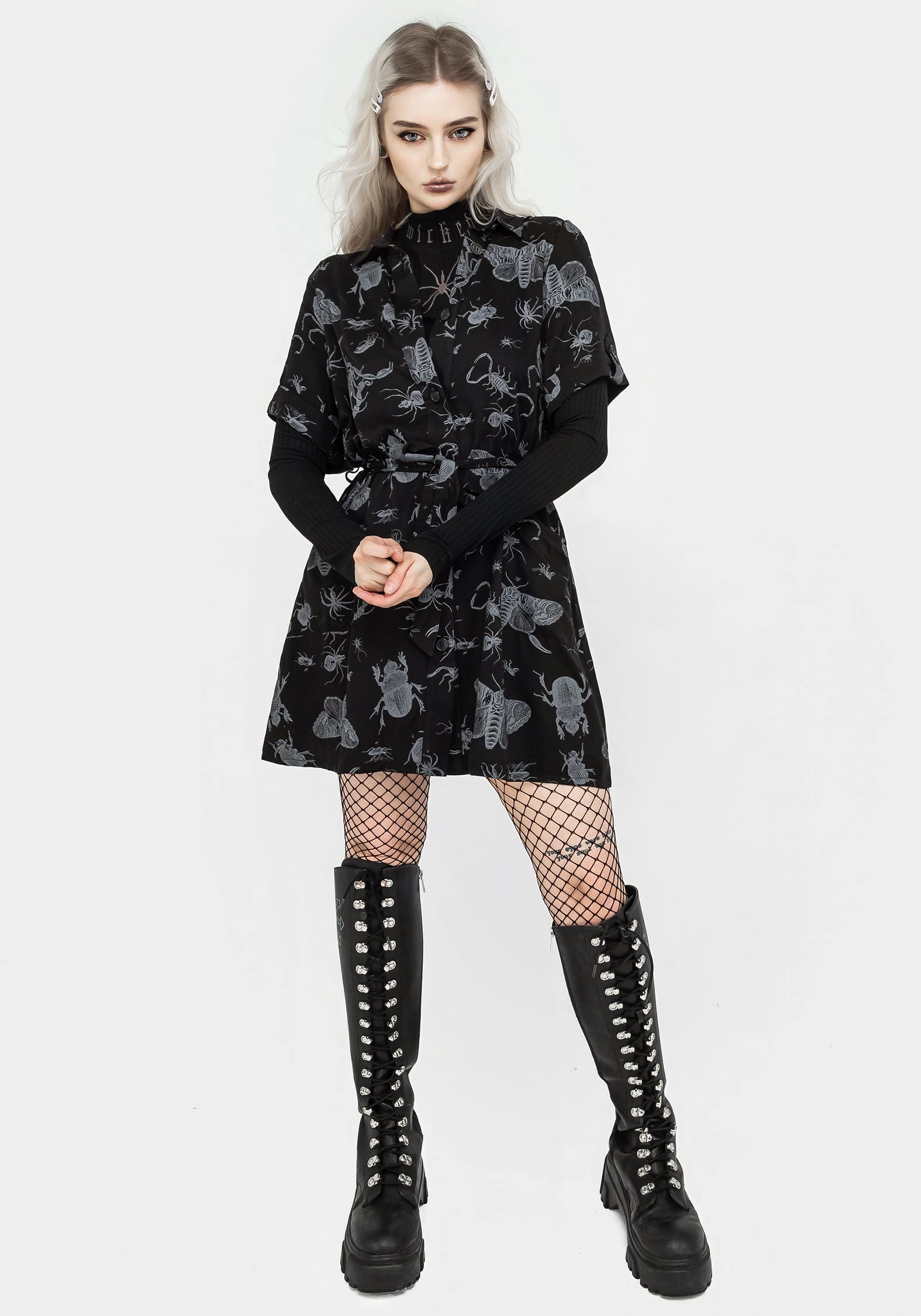 Parasite Bugs Short Sleeve Mini Shirt Dress - Black Dresses Womens - wedding guest outfits