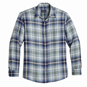 Pendleton Dawson LS Linen Shirt Light Green / Denim Plaid mens tank tops best deals