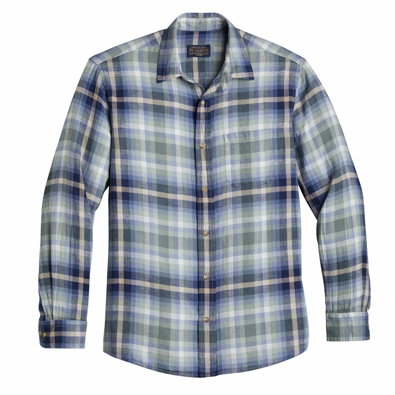 Pendleton Dawson LS Linen Shirt Light Green / Denim Plaid mens tank tops best deals