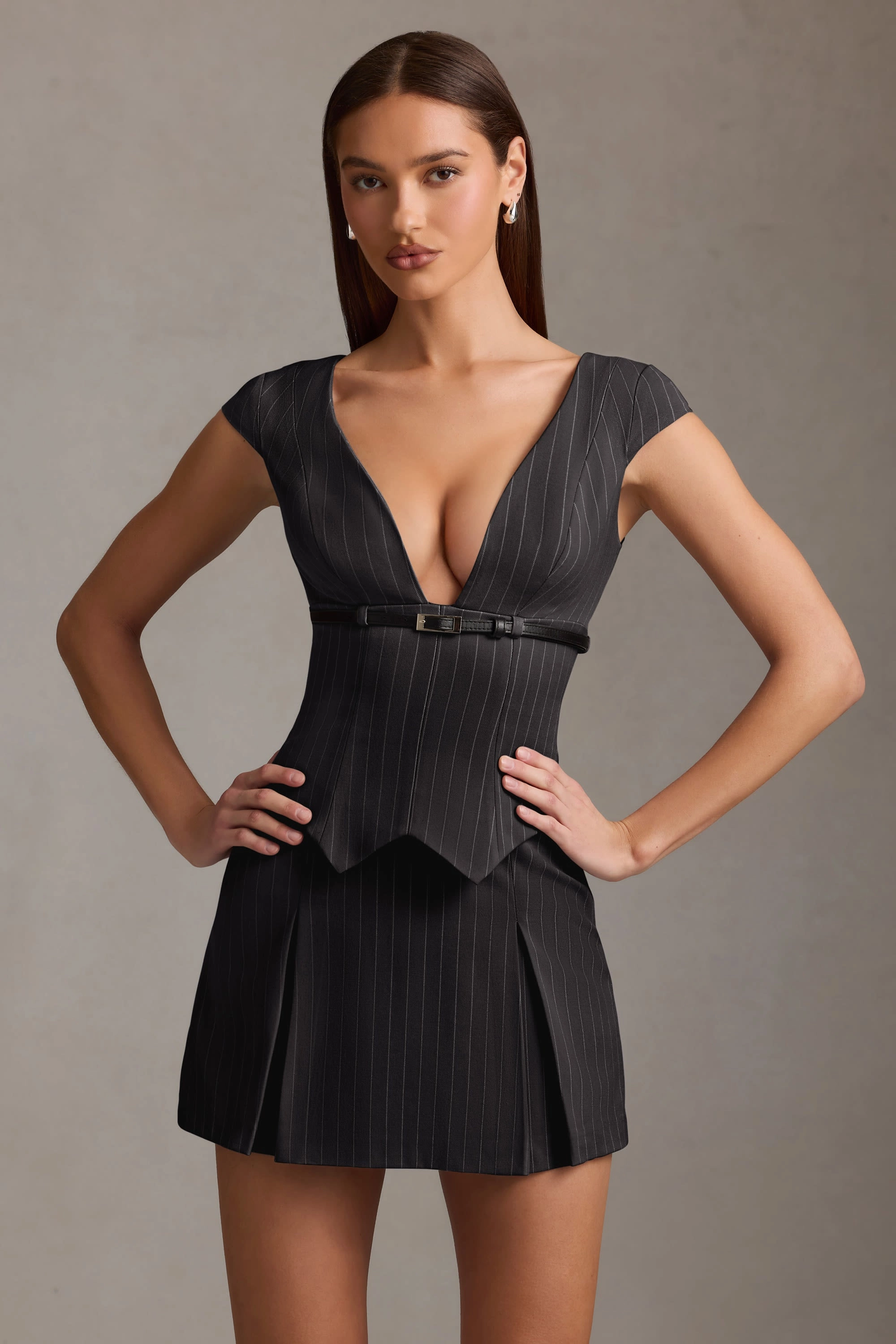 Pinstripe Pleated Waistcoat Mini Dress in Black