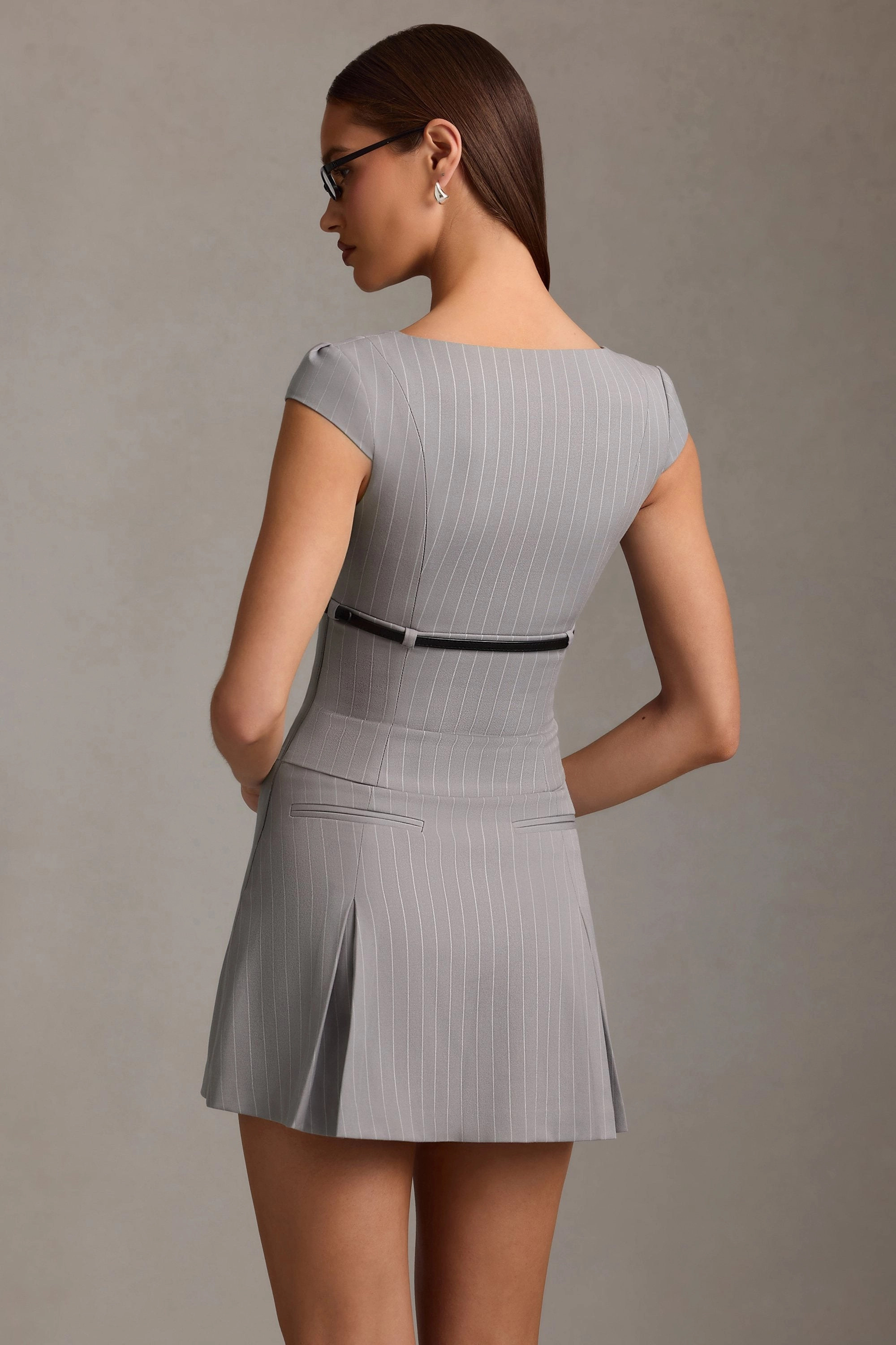 Pinstripe Pleated Waistcoat Mini Dress in Grey