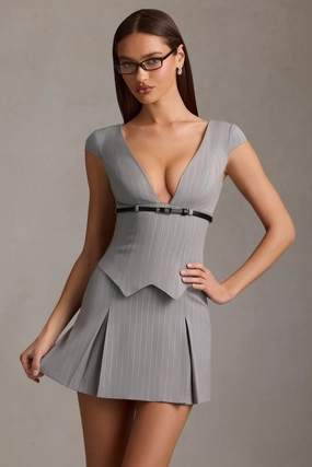 Pinstripe Pleated Waistcoat Mini Dress in Grey Dresses - wrap dresses discount