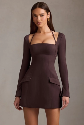 Pinstripe Structured A-Line Mini Dress in Chocolate Brown Dresses - sundresses outlet