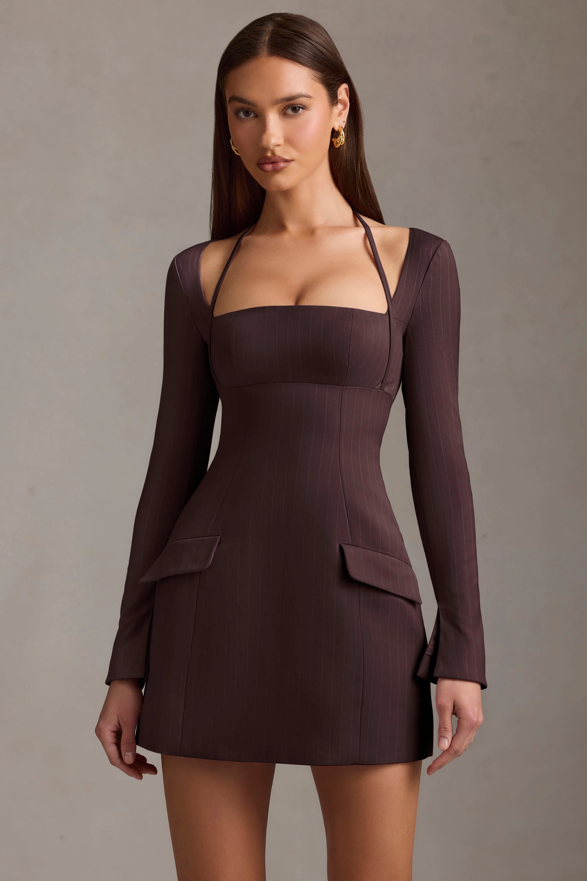 Pinstripe Structured A-Line Mini Dress in Chocolate Brown Dresses - wrap dresses discount