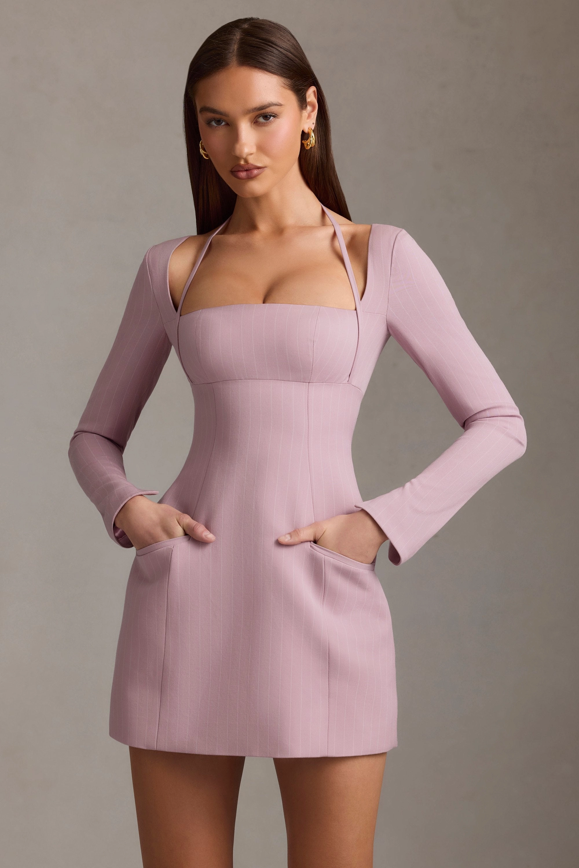 Pinstripe Structured A-Line Mini Dress in Mauve Dresses - wrap dresses discount
