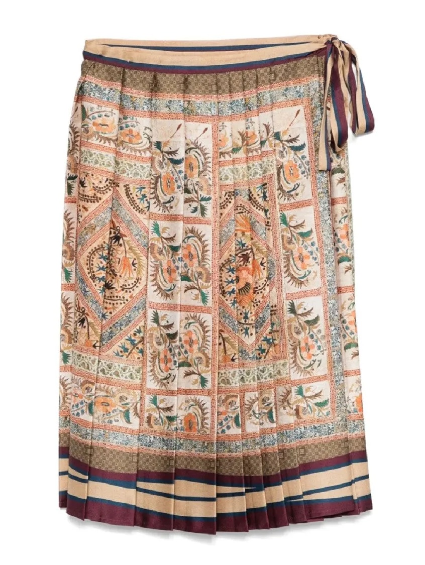 Pleated Skirt With Floral And Geometric Patterns
