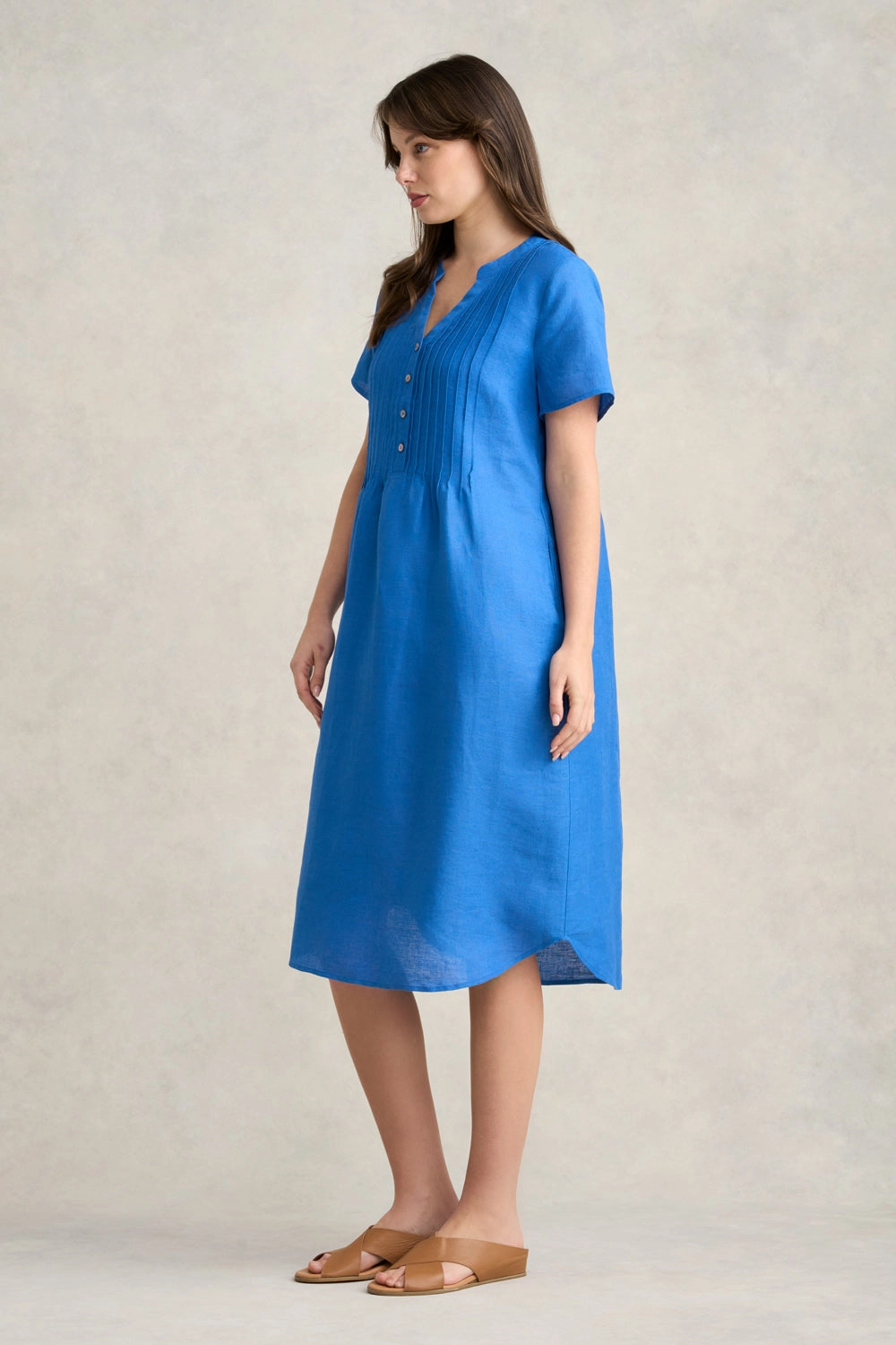 Pleated Front French Linen Dress - Indigo Blue