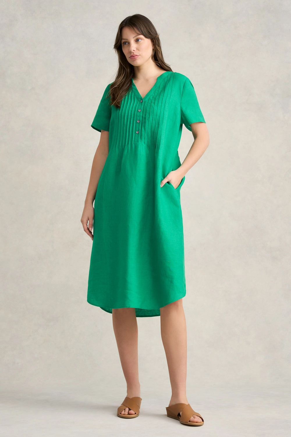 Pleated Front French Linen Dress - Vibrant Green