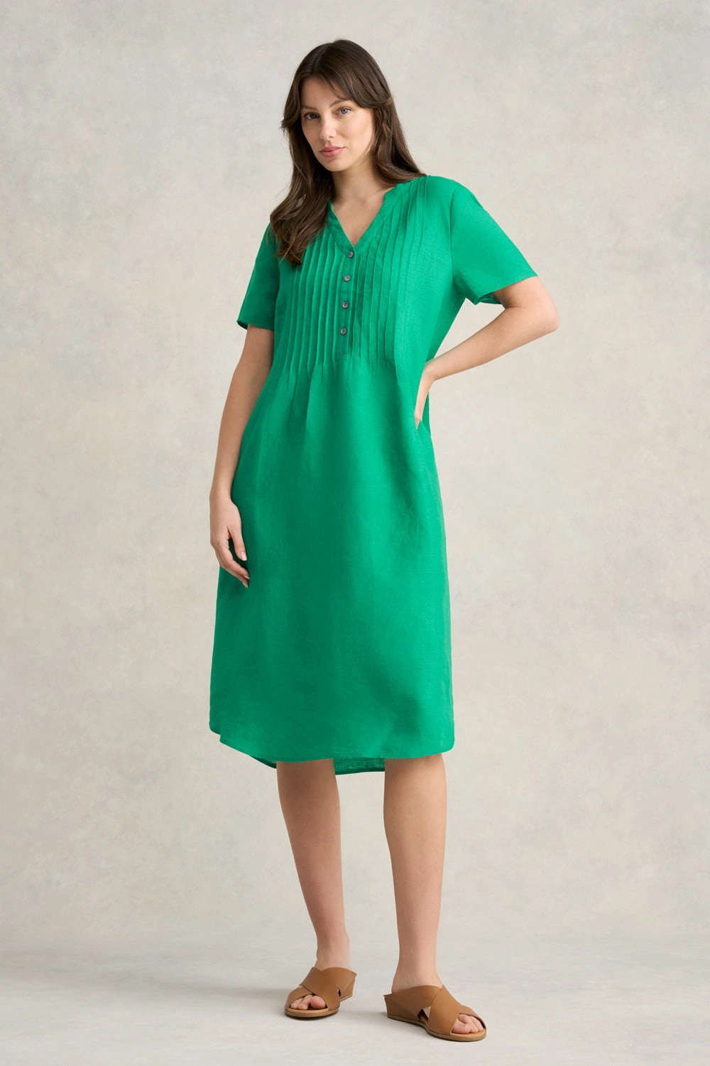 Pleated Front French Linen Dress - Vibrant Green