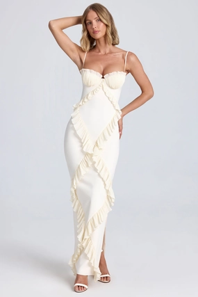 Pliss Ruffle-Trim Maxi Dress in Ivory Dresses - sundresses outlet