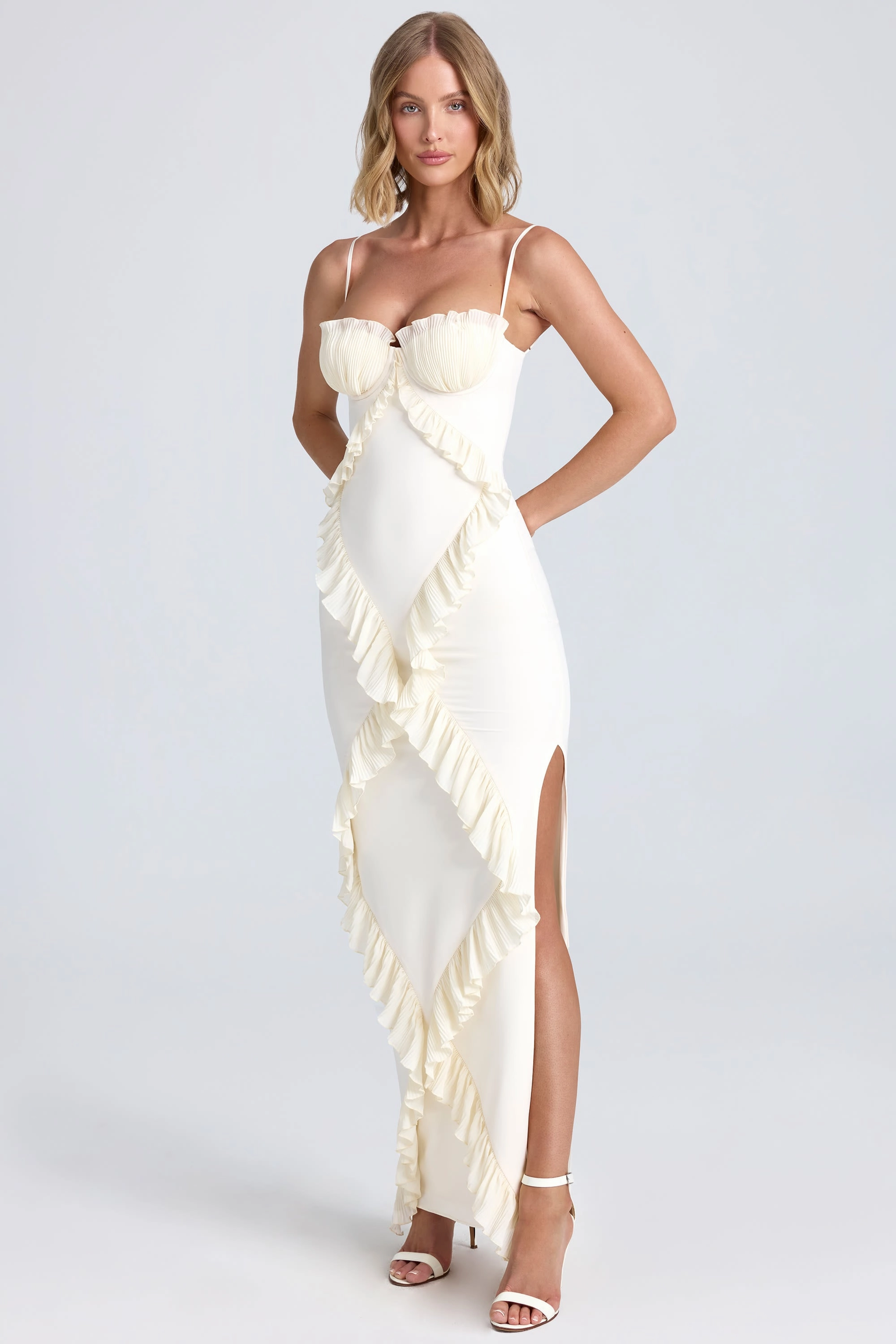 Pliss Ruffle-Trim Maxi Dress in Ivory