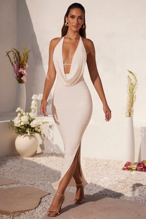 Plunge Cowl Neck Floor Length Dress in Ivory Dresses - sundresses outlet