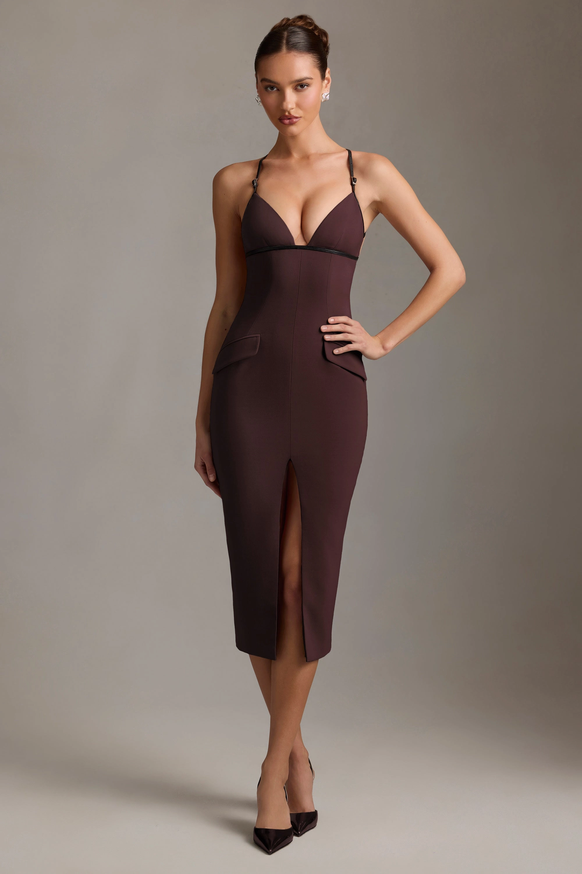 Plunge-Neck Backless Midaxi Dress in Chocolate Brown