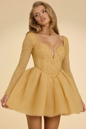 Plunge Neck Tulle Mini Dress in Gold Dresses - wrap dresses discount