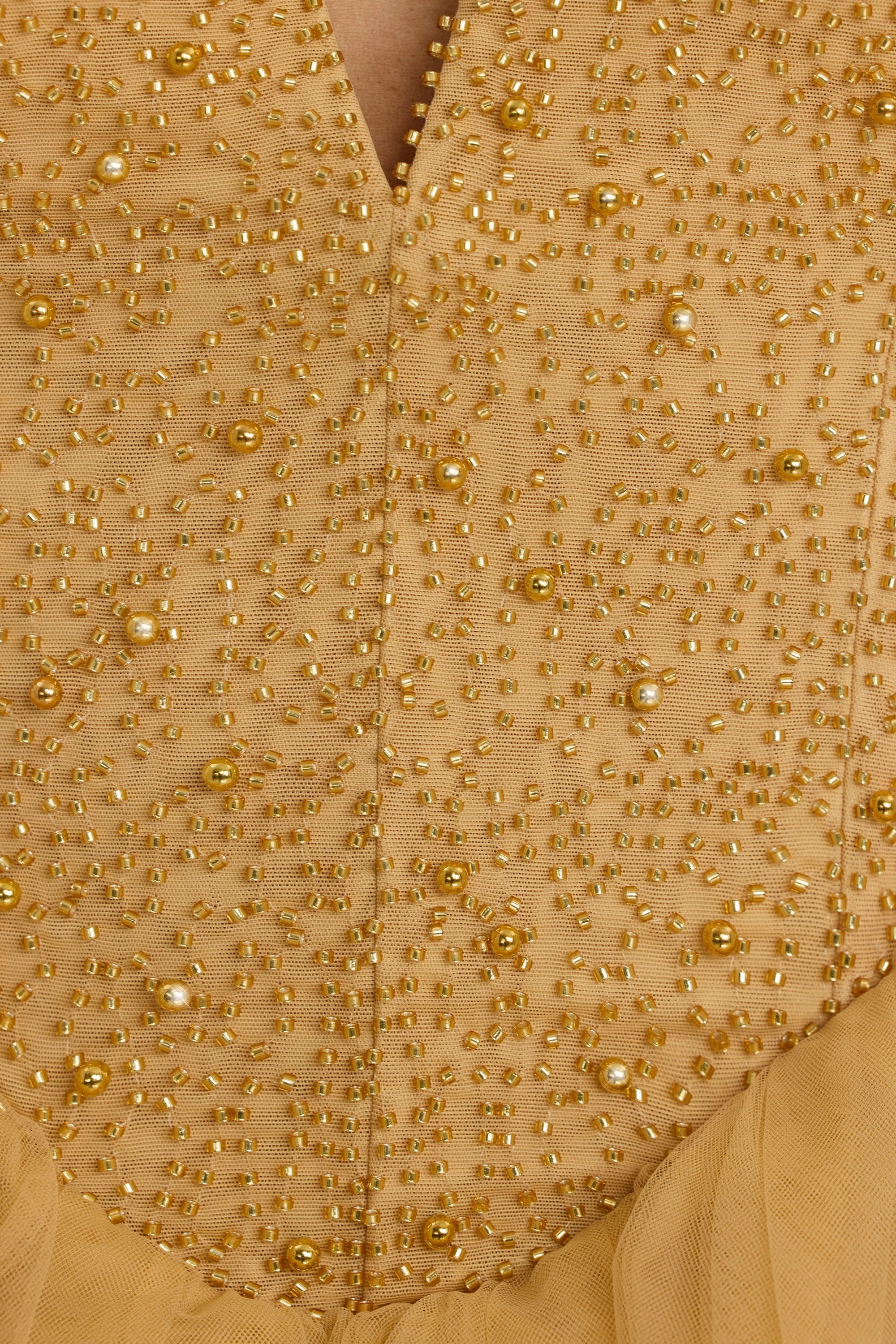 Plunge Neck Tulle Mini Dress in Gold