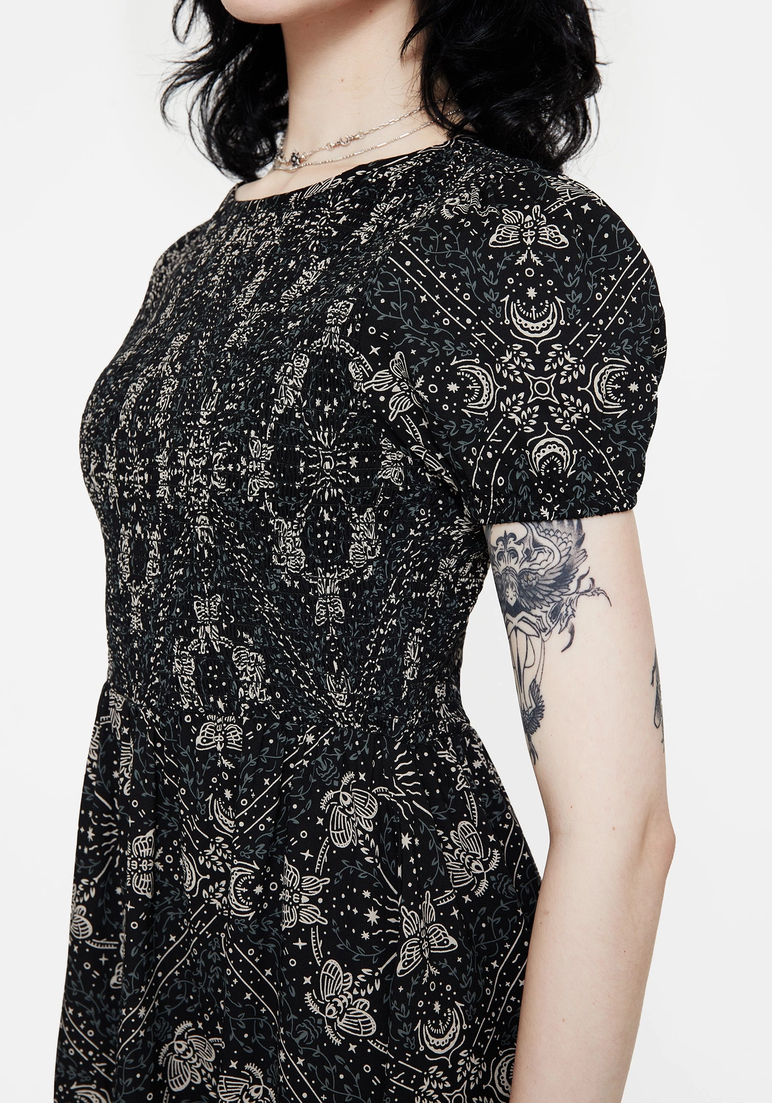 Poem Moth Print Puff Sleeve Mini Dress