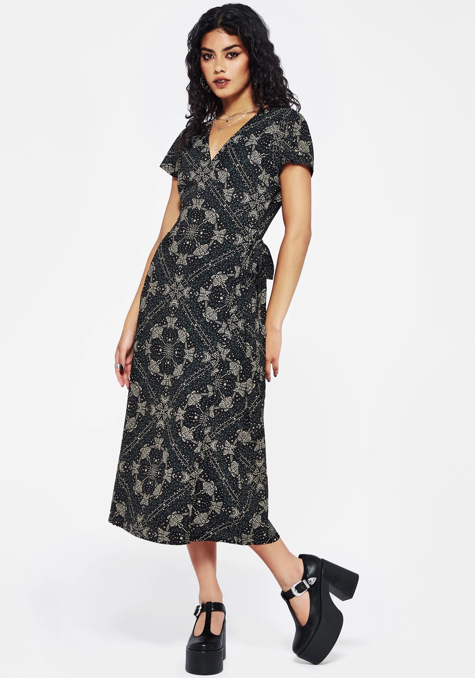 Poem Moth Print Wrap Midi Dress Dresses Womens - summer dresses discount