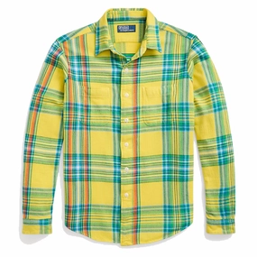 Polo Ralph Lauren Classic Fit Plaid Flannel Workshirt Yellow/Green Multi mens tank tops best deals