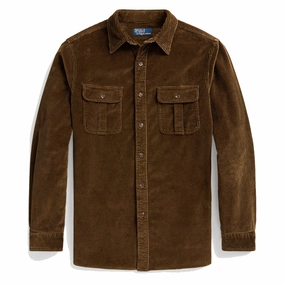Polo Ralph Lauren Classic Fit Suede-Patch Corduroy Shirt York Brown mens tank tops best deals