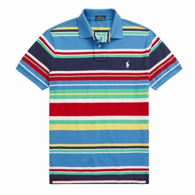 Polo Ralph Lauren Custom Slim Fit Striped Polo Shirt New England Blue Multi mens t-shirts outlet