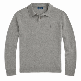 Polo Ralph Lauren Wool-Cashmere Polo-Collar Jumper Fawn Grey Heather mens t-shirts outlet