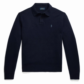 Polo Ralph Lauren Wool-Cashmere Polo-Collar Jumper Hunter Navy mens t-shirts outlet