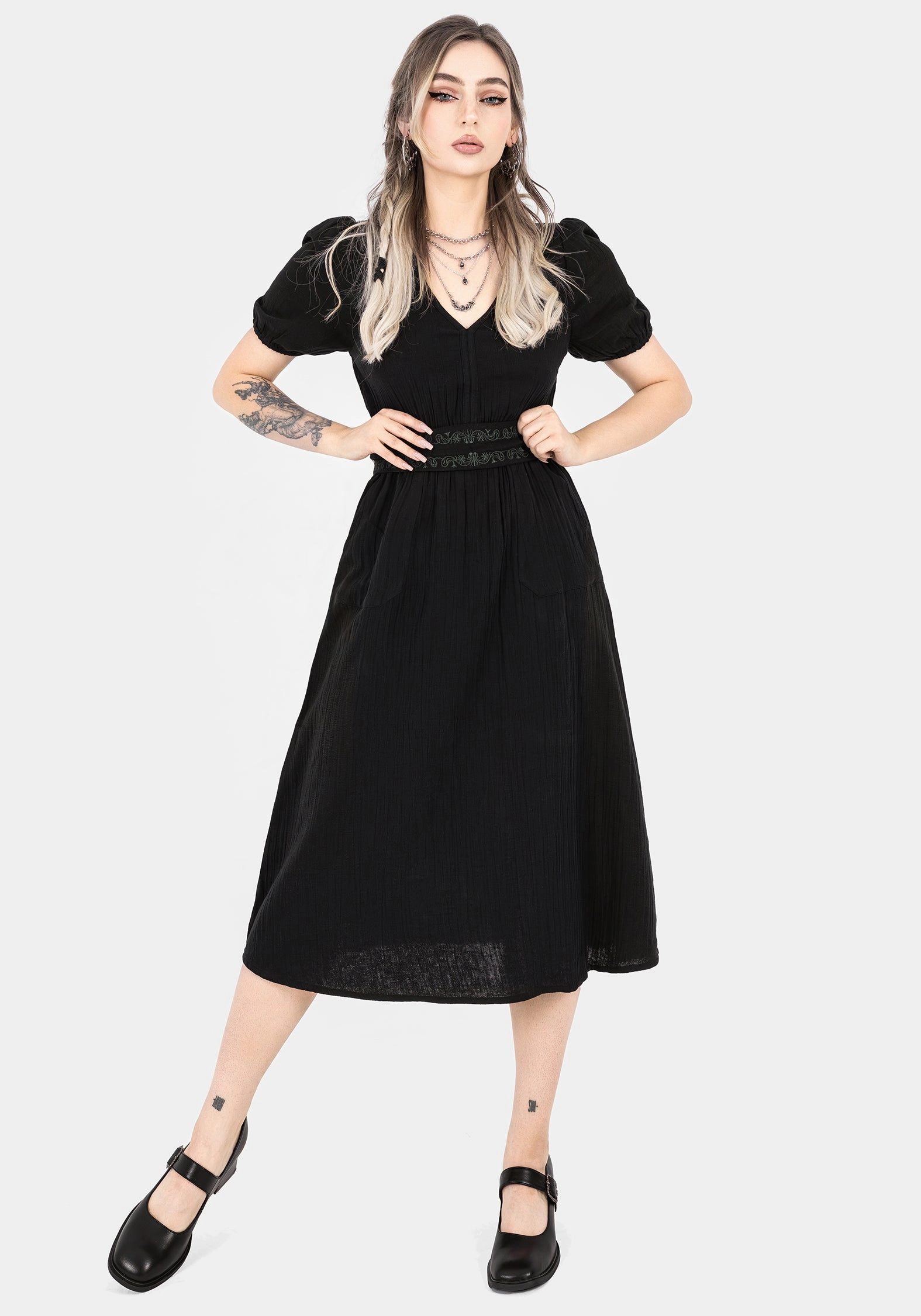 Poultice Embroidered Cotton Midi Dress - Black