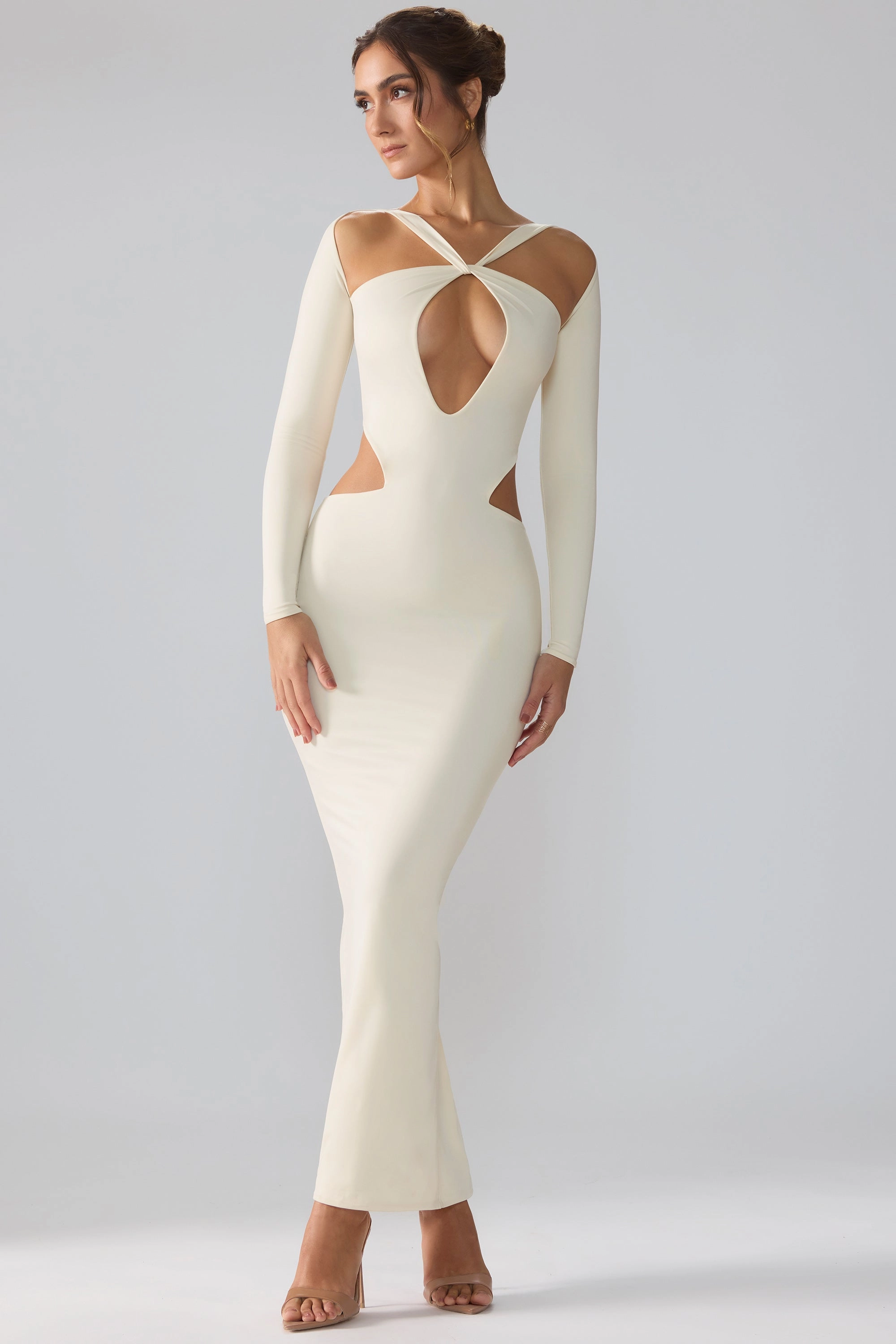 Premium Jersey Long Sleeve Cut Out Maxi Dress in Ivory Dresses - sundresses outlet