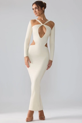 Premium Jersey Long Sleeve Cut Out Maxi Dress in Ivory Dresses - sundresses outlet