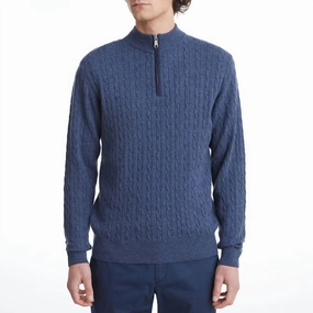 Premium Luxury Cable Quarter Zip Sweater In Dark Blue turtleneck sweaters sale